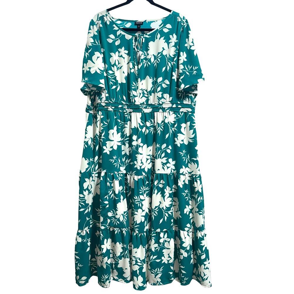 Torrid Teal Tiered Floral Midi Dress Flutter Sleeve Keyhole Women's Sz 2X